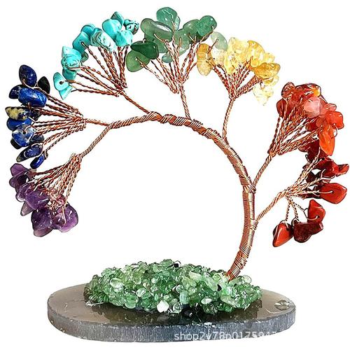 新款七色水晶树碎石能量生命树天然宝石发财树工艺品创意装饰摆件